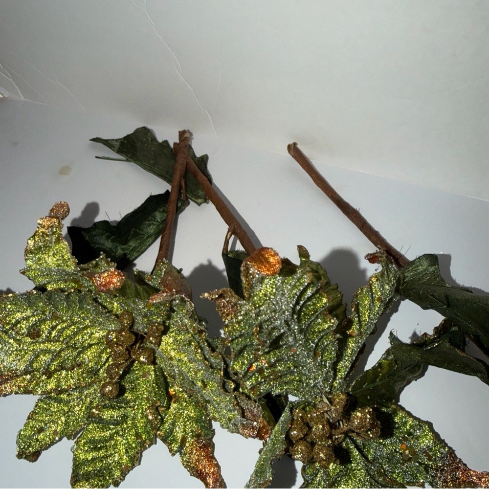 Spray Pick Green METALLIC GLITTER POINSETTIA Christmas LUXURY & GLAM Lot Of 3 - Picture 6 of 7
